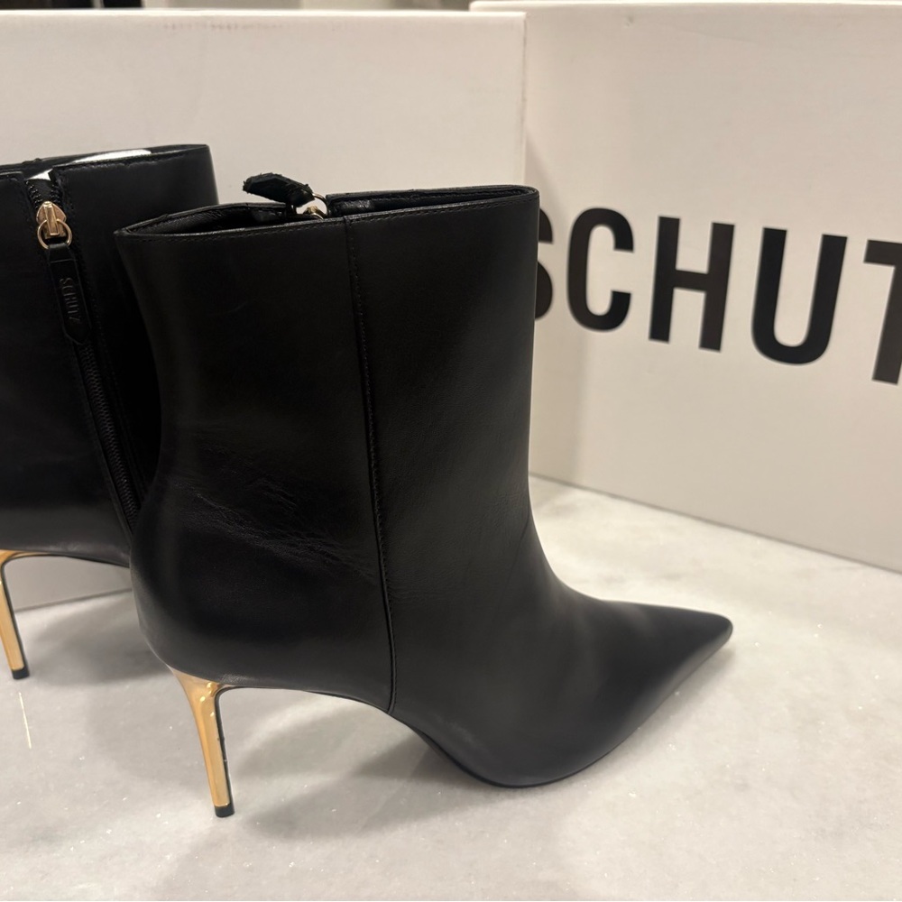 SCHUTZ Black Leather Pointed Ankle Booties with Gold Stiletto Heel